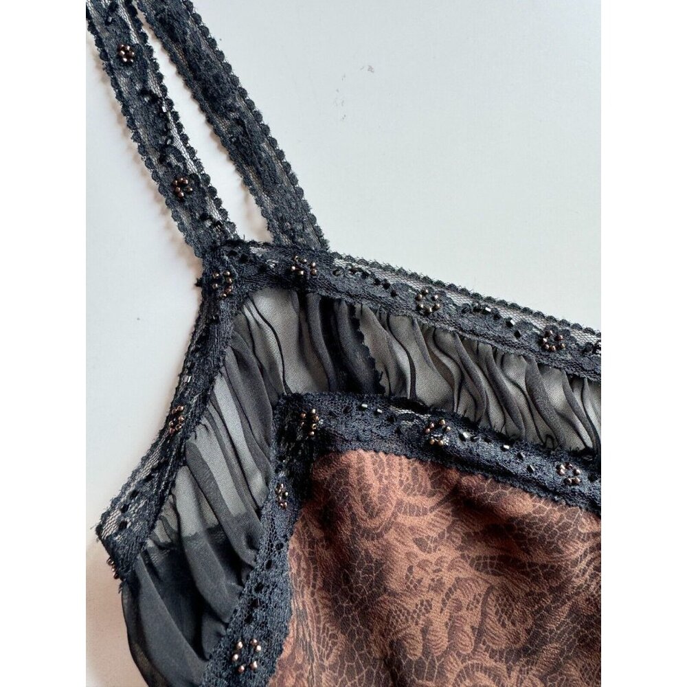 Vintage LAUNDRY BY SHELLI SEGAL Brown Lace Print Silk Beaded Slip Dress, Size 10 - Picture 6 of 12